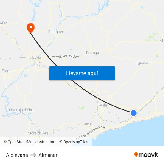 Albinyana to Almenar map