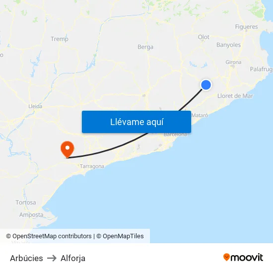 Arbúcies to Alforja map