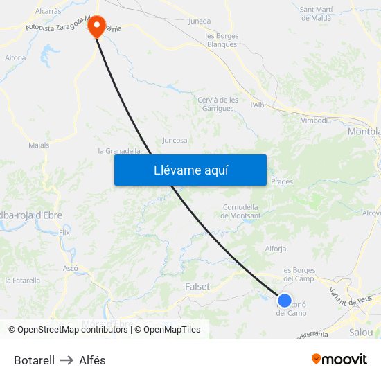 Botarell to Alfés map