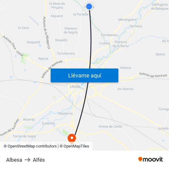 Albesa to Alfés map