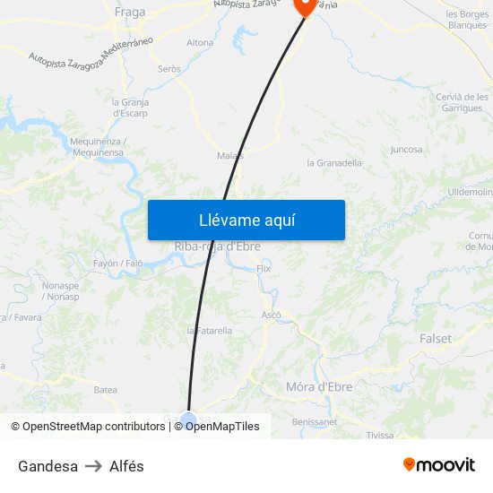 Gandesa to Alfés map