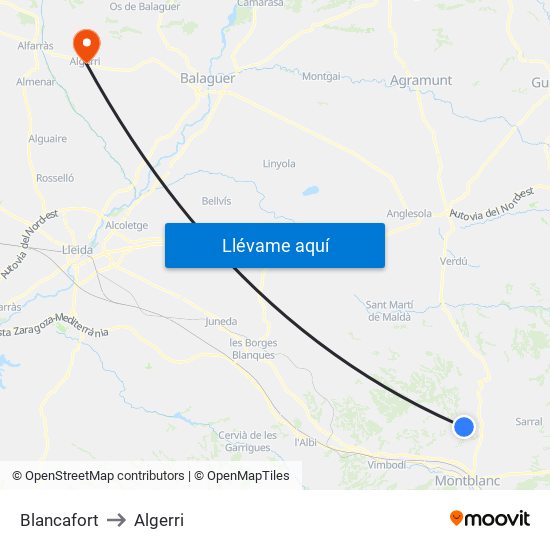 Blancafort to Algerri map