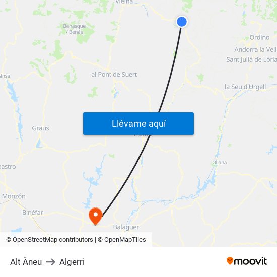 Alt Àneu to Algerri map