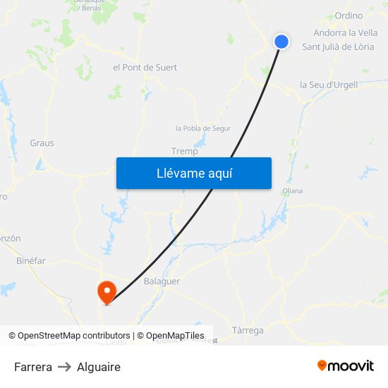 Farrera to Alguaire map