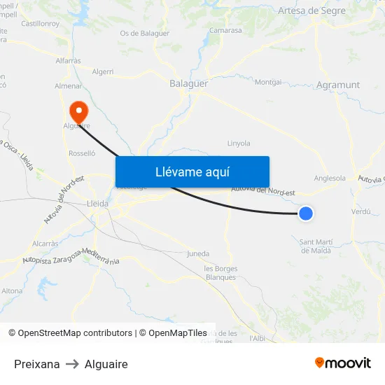 Preixana to Alguaire map