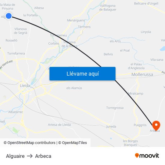 Alguaire to Arbeca map
