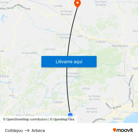 Colldejou to Arbeca map