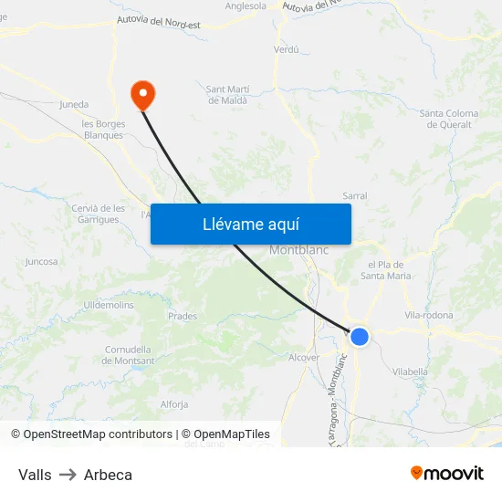 Valls to Arbeca map