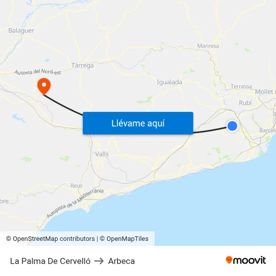 La Palma De Cervelló to Arbeca map