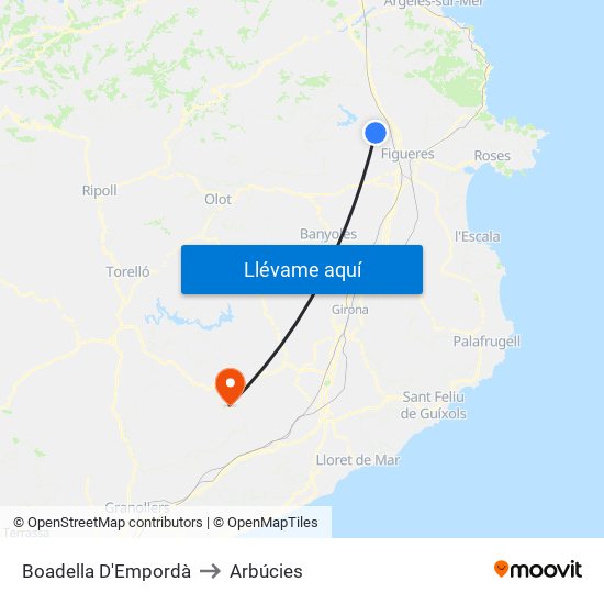Boadella D'Empordà to Arbúcies map