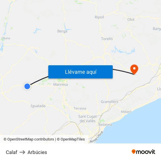 Calaf to Arbúcies map