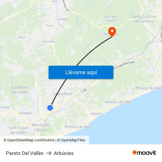 Parets Del Vallès to Arbúcies map