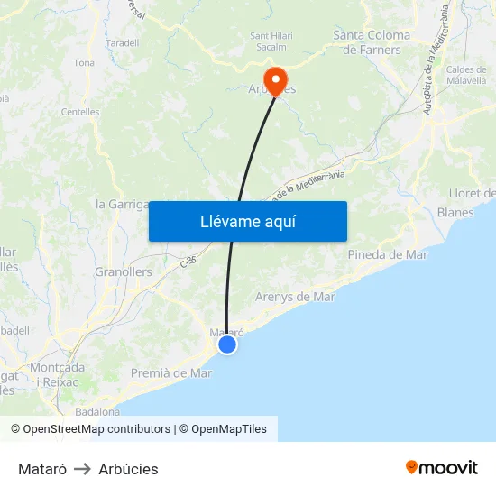 Mataró to Arbúcies map
