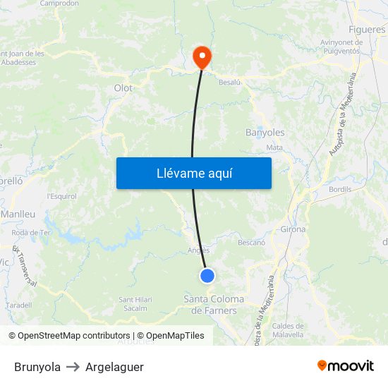 Brunyola to Argelaguer map