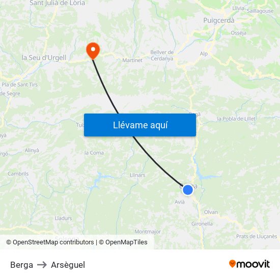 Berga to Arsèguel map