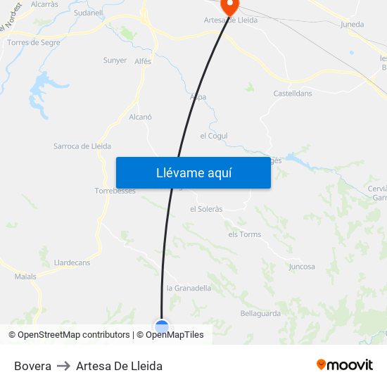 Bovera to Artesa De Lleida map
