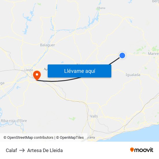 Calaf to Artesa De Lleida map