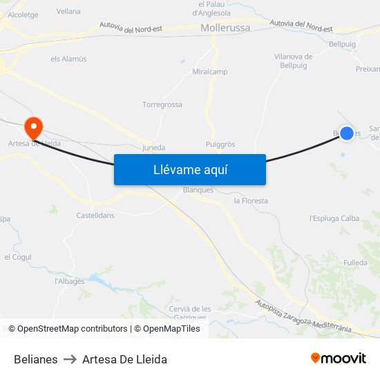 Belianes to Artesa De Lleida map