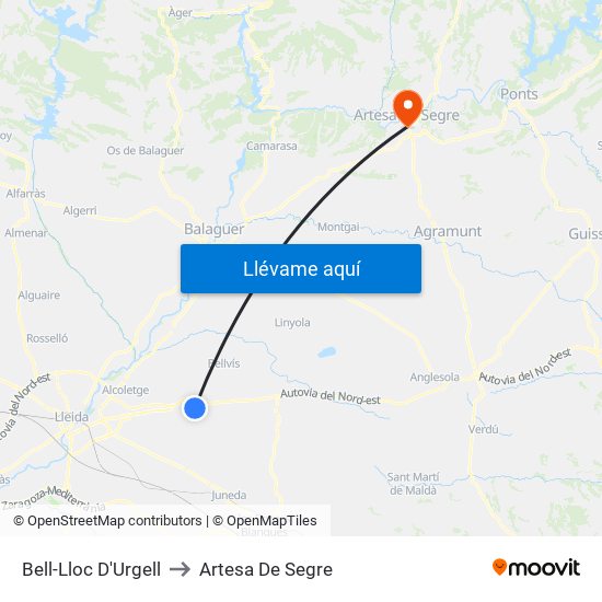 Bell-Lloc D'Urgell to Artesa De Segre map