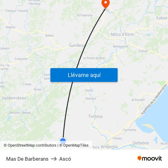 Mas De Barberans to Ascó map