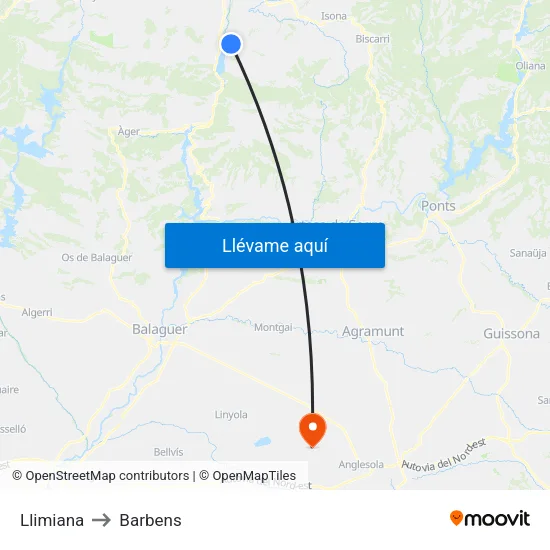Llimiana to Barbens map