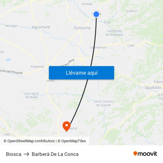 Biosca to Barberà De La Conca map