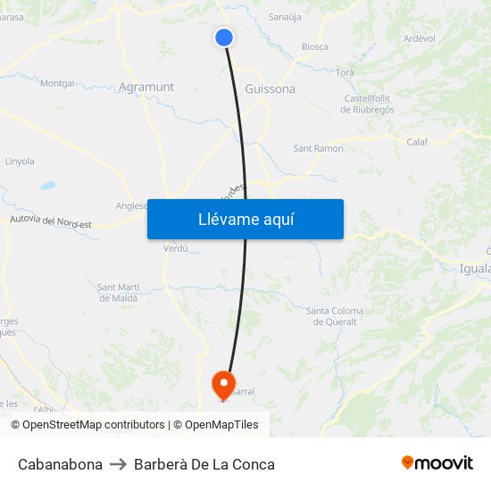 Cabanabona to Barberà De La Conca map