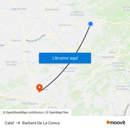 Calaf to Barberà De La Conca map