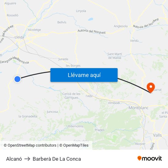 Alcanó to Barberà De La Conca map