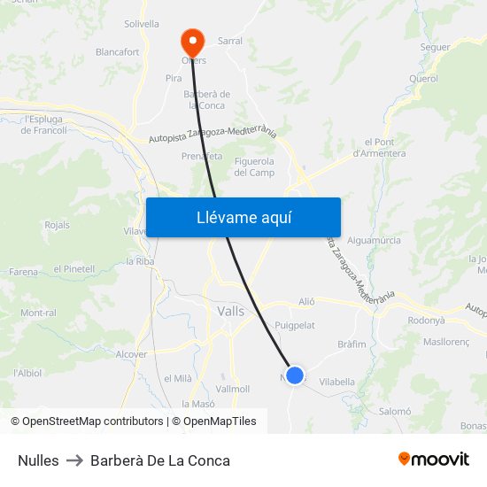 Nulles to Barberà De La Conca map