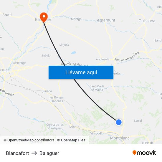 Blancafort to Balaguer map