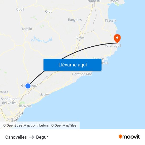 Canovelles to Begur map