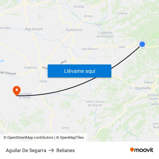 Aguilar De Segarra to Belianes map