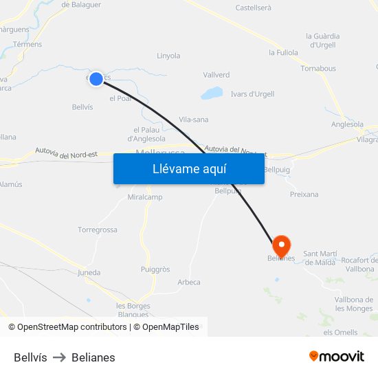 Bellvís to Belianes map