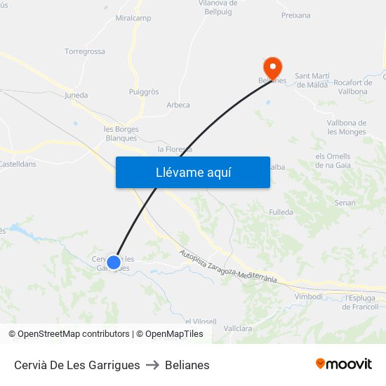 Cervià De Les Garrigues to Belianes map