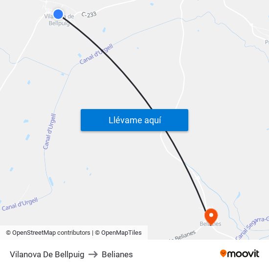 Vilanova De Bellpuig to Belianes map
