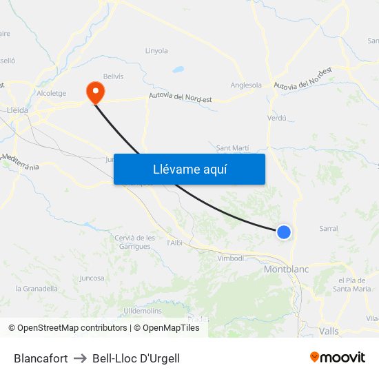 Blancafort to Bell-Lloc D'Urgell map