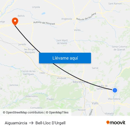 Aiguamúrcia to Bell-Lloc D'Urgell map