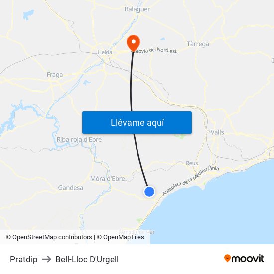 Pratdip to Bell-Lloc D'Urgell map