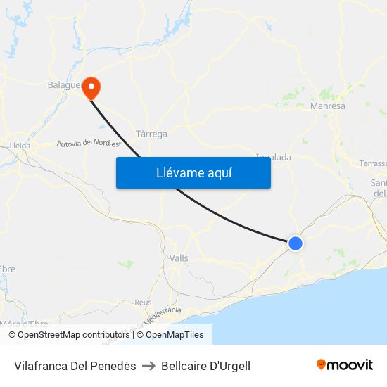 Vilafranca Del Penedès to Bellcaire D'Urgell map