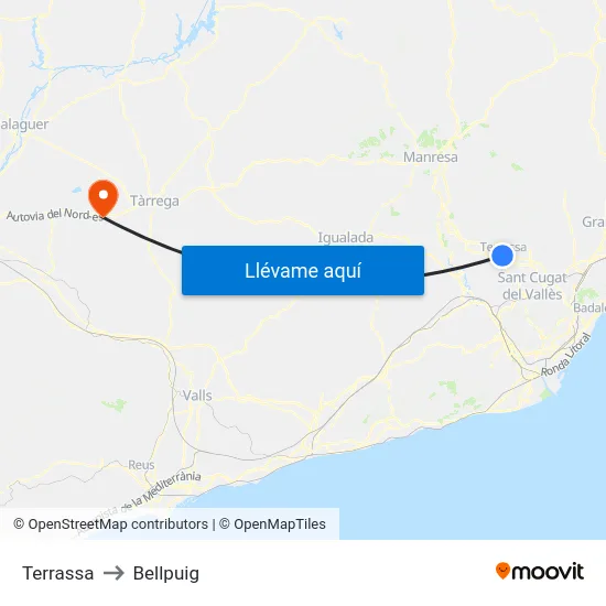 Terrassa to Bellpuig map