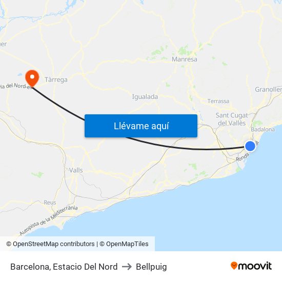 Barcelona, Estacio Del Nord to Bellpuig map