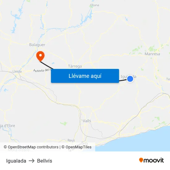 Igualada to Bellvís map