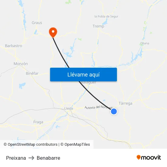 Preixana to Benabarre map
