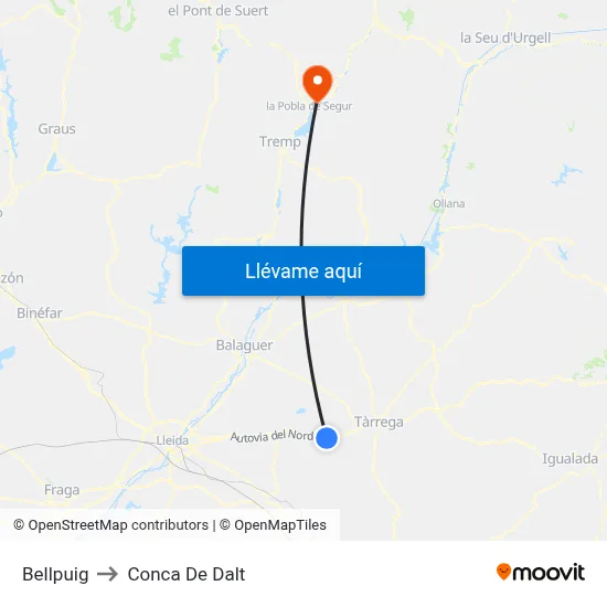 Bellpuig to Conca De Dalt map