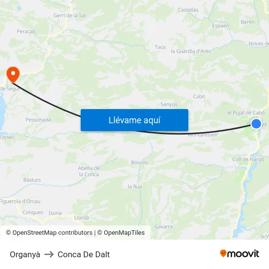 Organyà to Conca De Dalt map