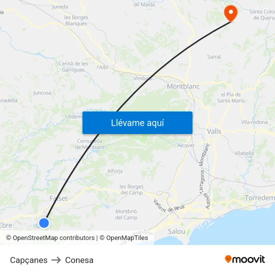 Capçanes to Conesa map