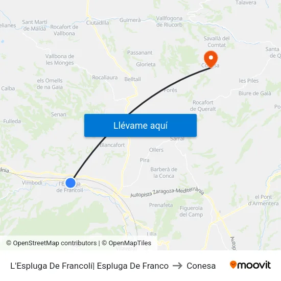 L'Espluga De Francolí| Espluga De Franco to Conesa map