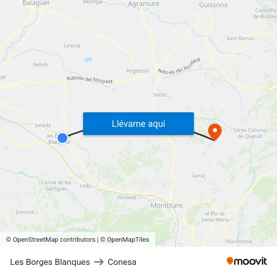 Les Borges Blanques to Conesa map