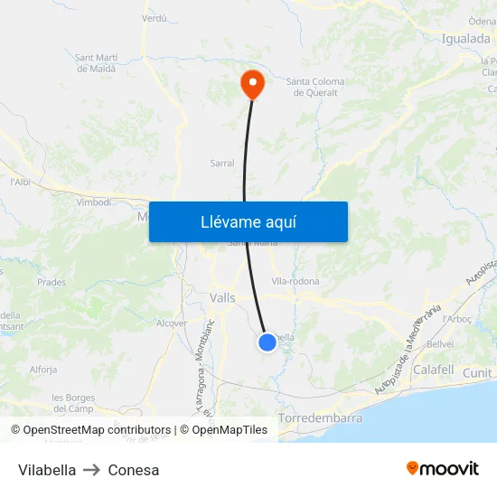 Vilabella to Conesa map